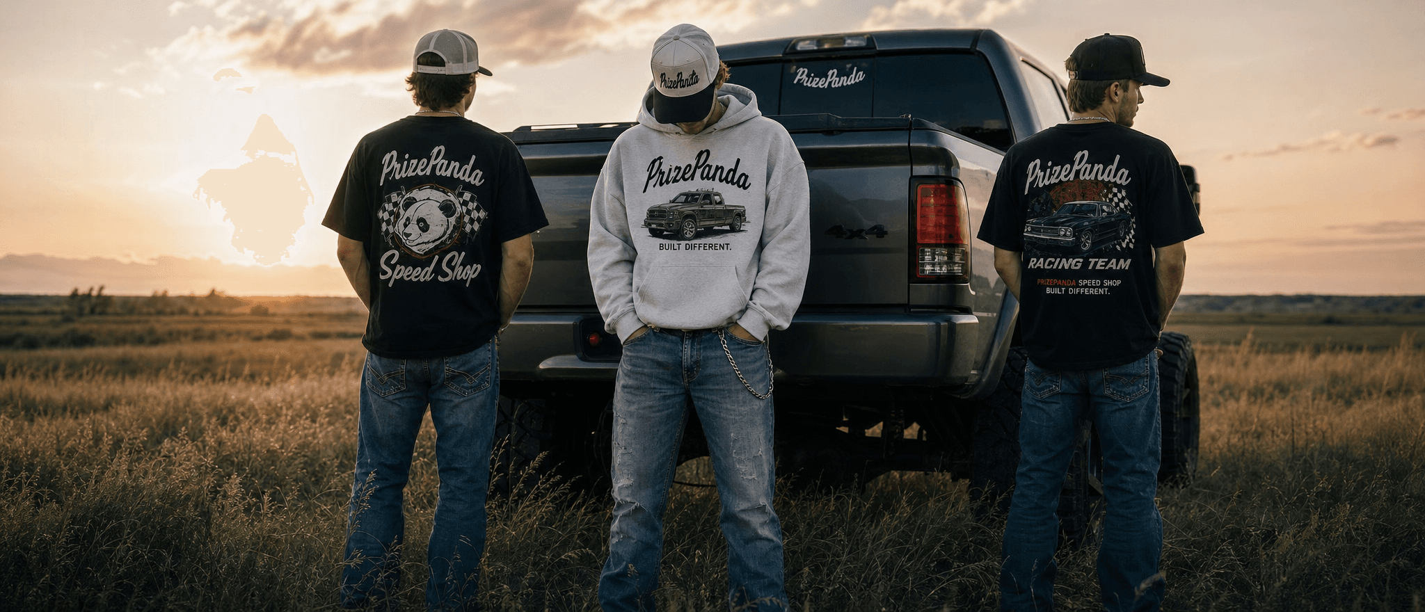 PrizePanda Club apparel — three friends in branded merch leaning on a pickup truck at sunset